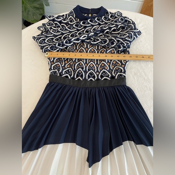 SELF-PORTRAIT Size 2  Navy Blue and White Open Crochet Pleated MIDI Long Sleeves - Picture 12 of 17